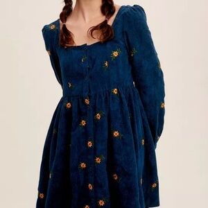 Teal Embroidery Corduroy Baby Doll Dress